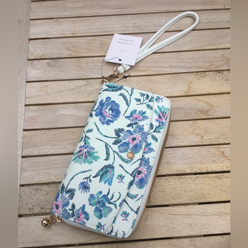 LC Lauren Conrad Floral Zip Wristlet in White with Blue & Pink Accents